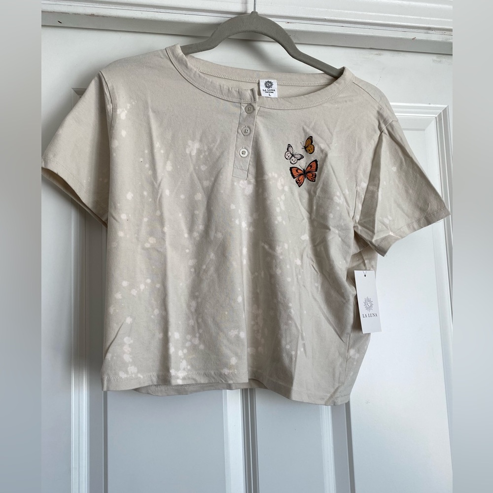 New Girls La Luna Large Beige Off White Tie Dye Graphic Butterfly Shirt Top